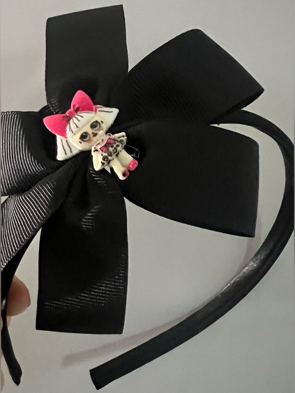 Black Bow Headband with Pink Doll Charm for Kids